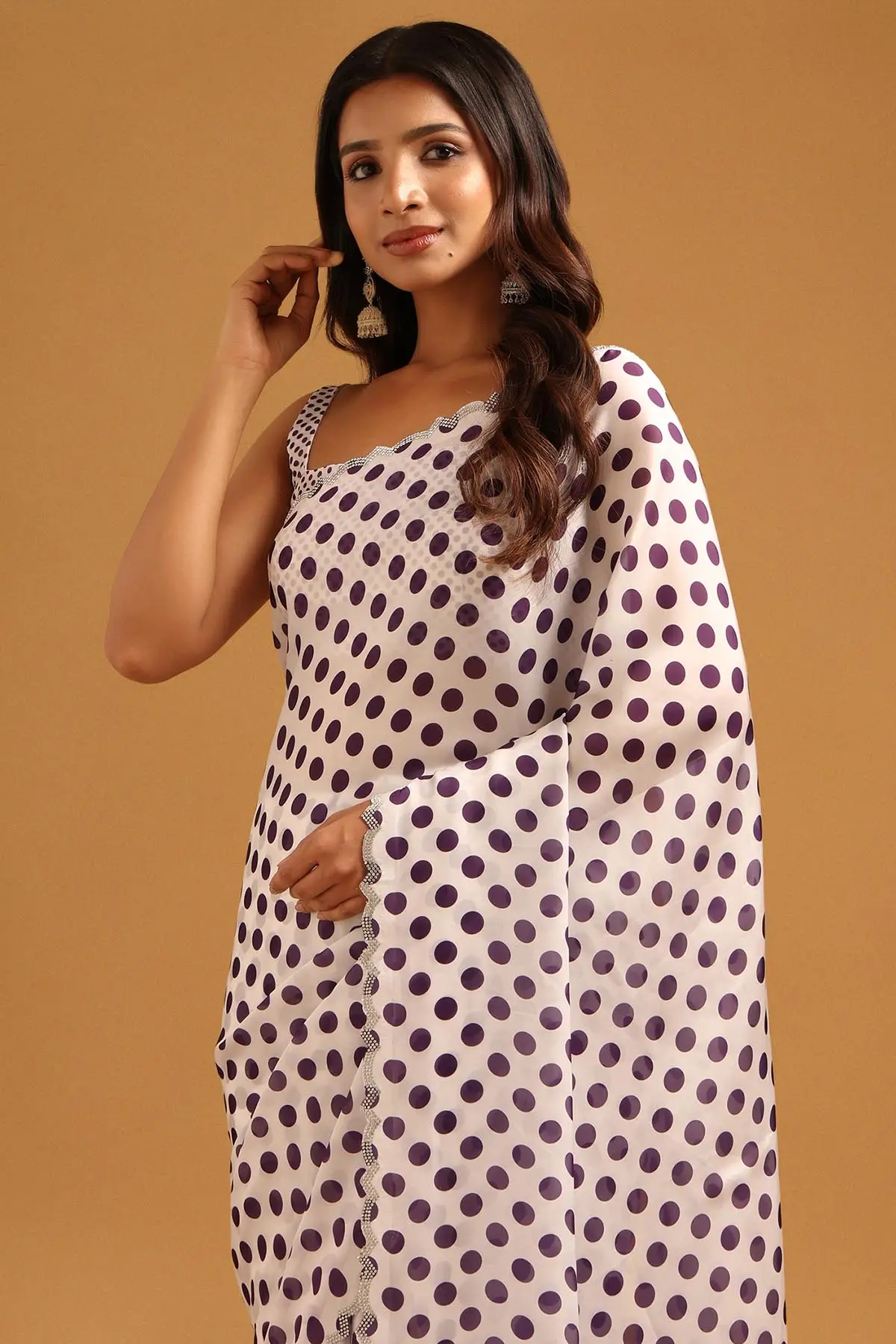 Purple Satin Polka Dots Stone Embellished Saree